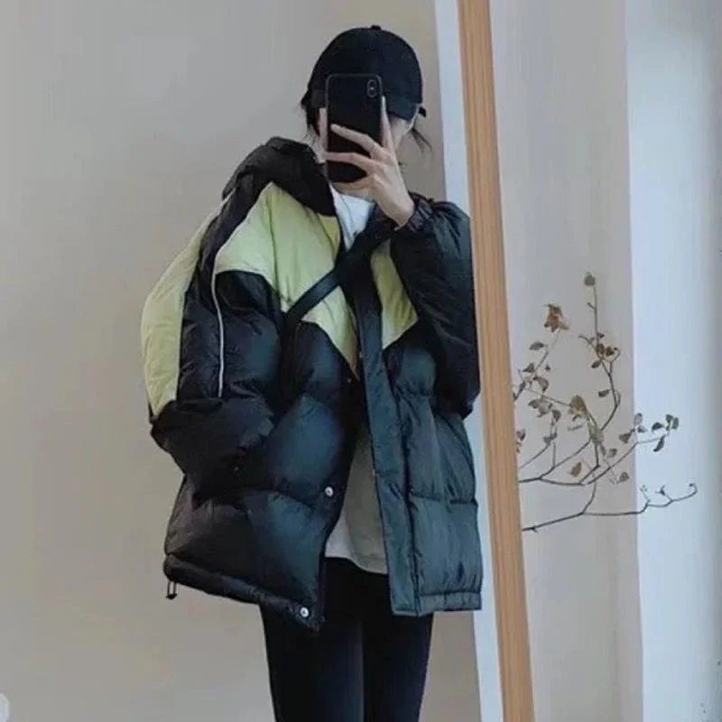 

Winter Down Cotton Jacket Women's Korean Loose Color Matching Hooded Short Outwear Thickened Warm Parka Coat Female