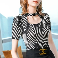 stretch mesh striped short sleeved t shirt womens 2022 new sexy halter neck hollow mesh bottoming shirt french puff sleeve top