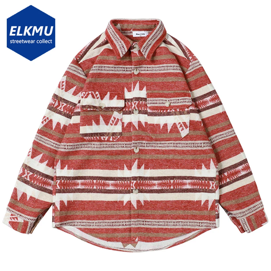 

Мужская шерстяная рубашка с геометрическим рисунком, винтажная утепленная рубашка в национальном стиле на пуговицах, Осень-зима 2022