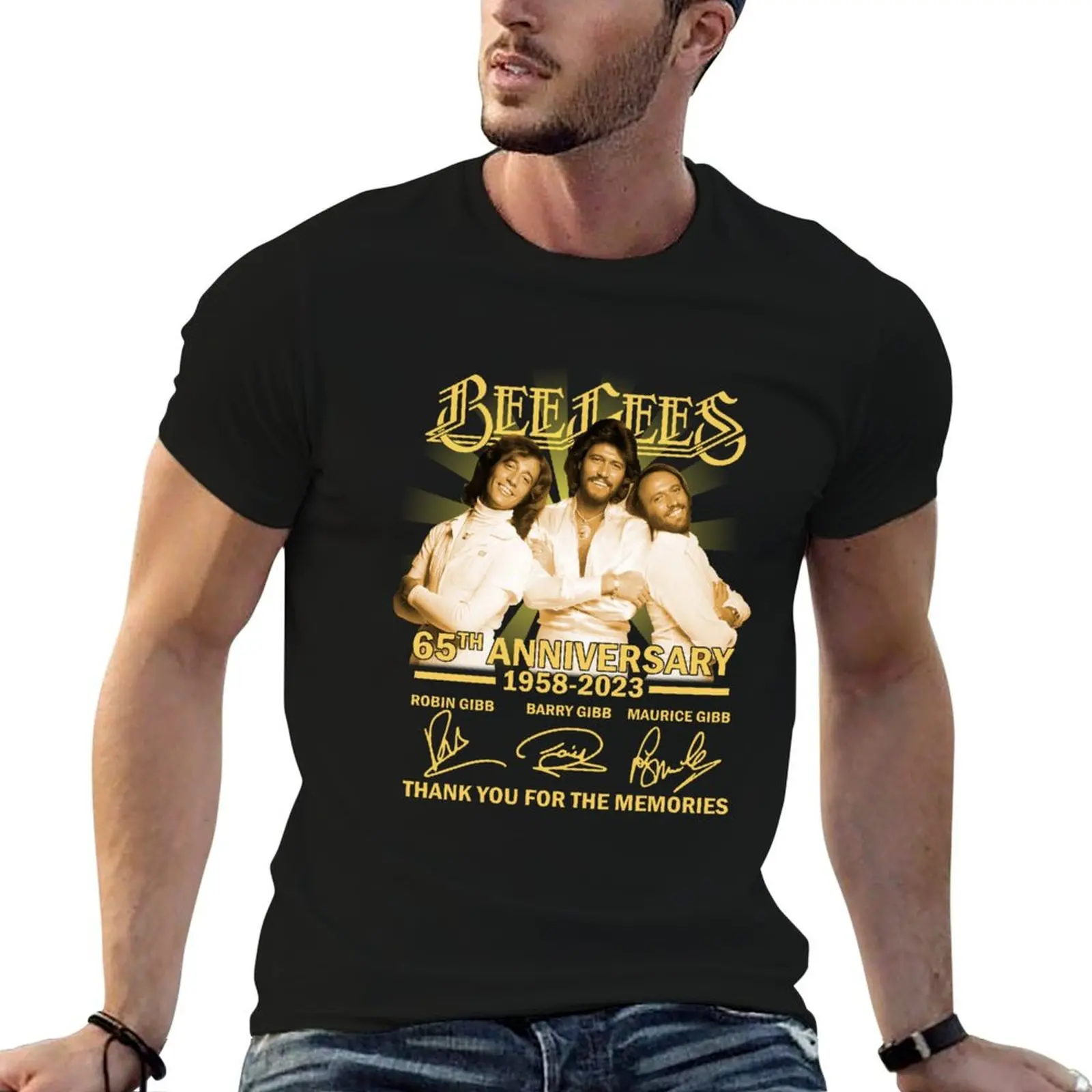 Фото Официальная футболка Bee Gees к 65-летию (1958-2023) с подписями и надписью «Спасибо за воспоминания», мужская хлопковая футболка №1