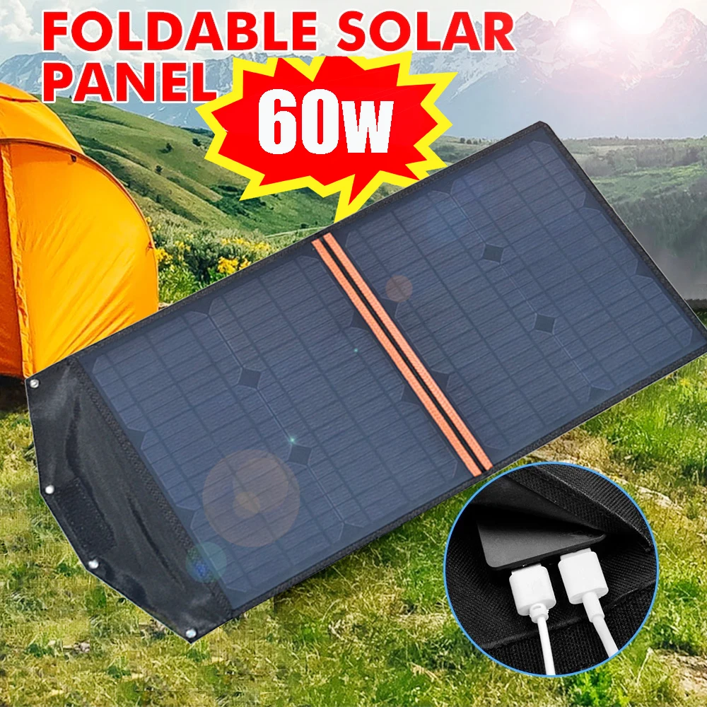 

mobile solar charger portable solar panel power bank 60w 12v battery charger 5v usb for phone car boat outdoor hiking camping