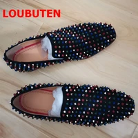 loubuten suede leather men shoes with spikes fashion colorful rivets loafers men casual shoes slip on party and prom shoes