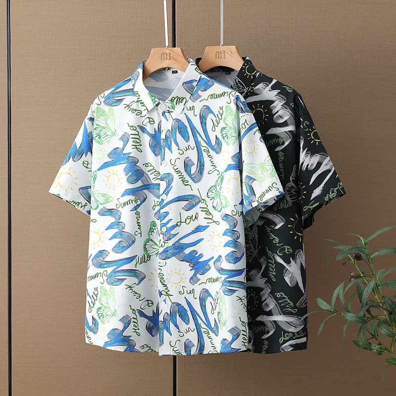 

Summer Fashion Casual Beach Style Short Sleeve Men's Shirt, Large Size 5XL, Black and White Print Design, Youth Street Top