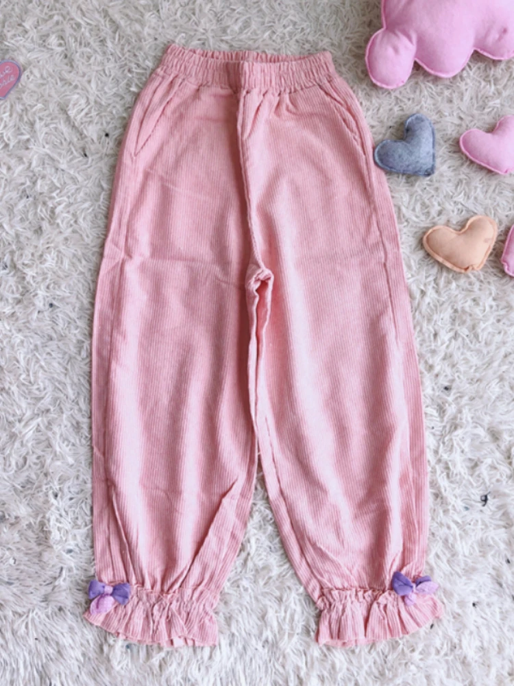 

Preppy Style Kawaii High Waist Corduroy Lolita Pants Women Sweet Ruffles Loose Wide Leg Trousers Girl Vintage Cute Pink Bloomers