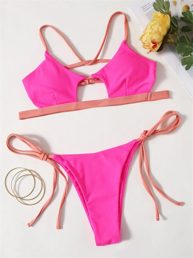 

Rose Red Bandeau Bikini Tanga 2022 Mujer Sexy Swimwear Women String Thong Swimsuit Bathing Suit Biquinis Two Piece Bikinis Set