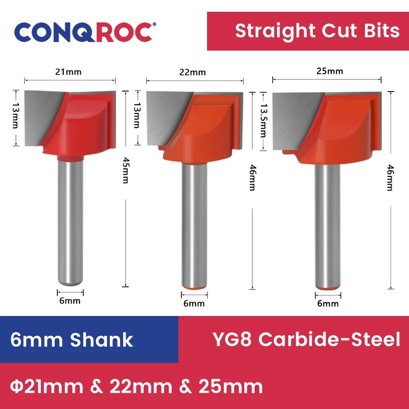 6mm Shank Straight Cut Router Bits Set 3-Size Diameter-21mm&22mm&25mm