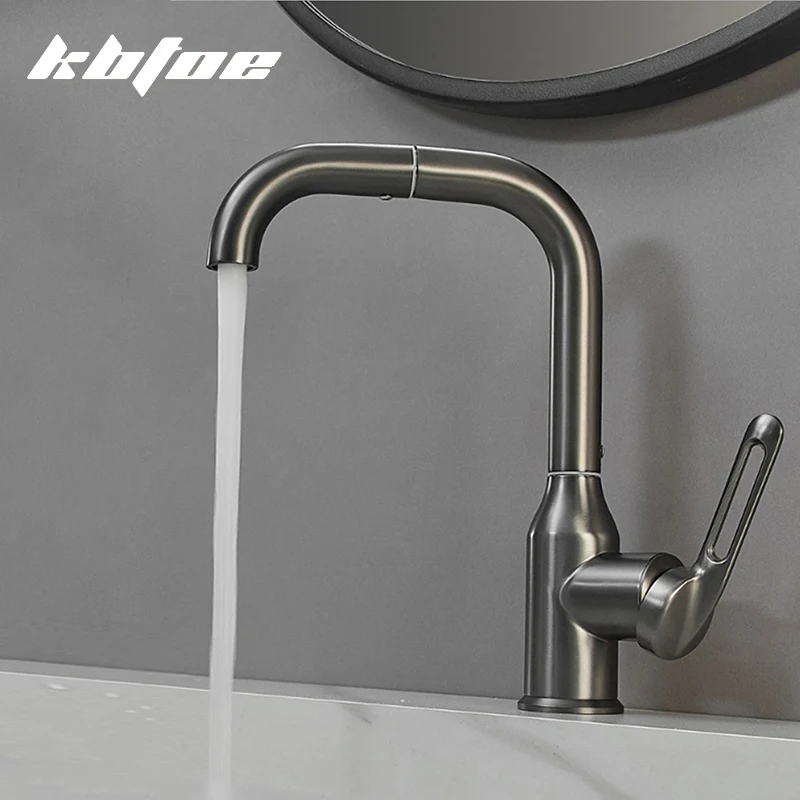 

Brushed Gun Gray Brass Bathroom Deck Mounted Kitchen Rotatable Neck Hot Cold Water Sink Mixer Tap Single Handle Washbasin Faucet