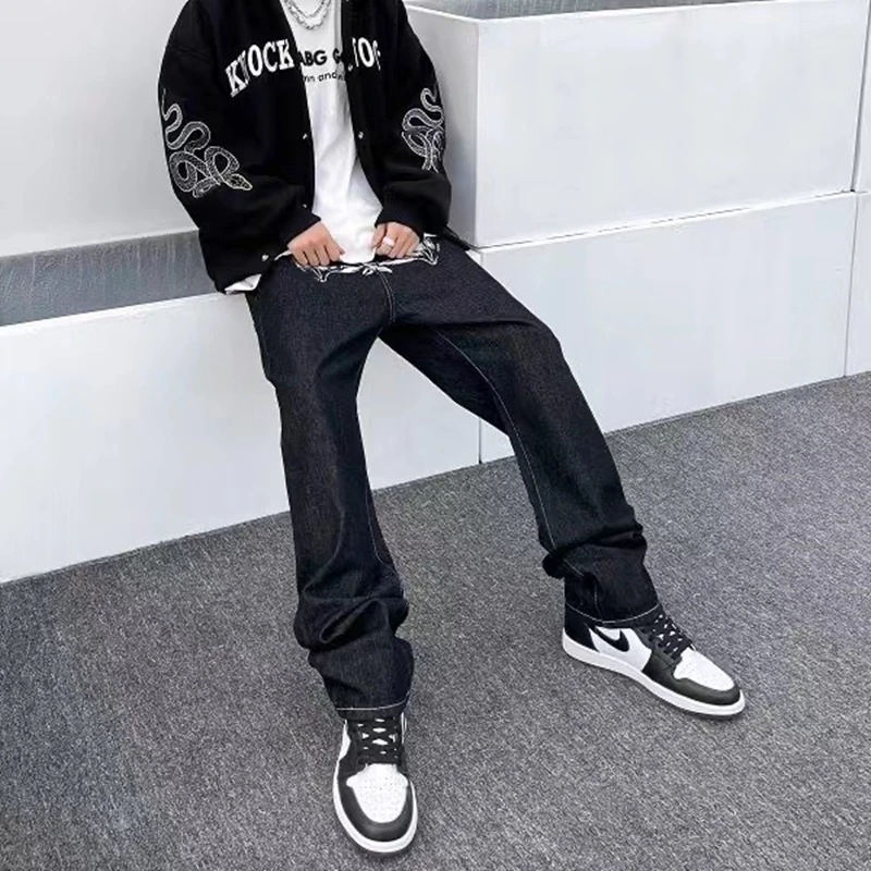 Baggy Black Jeans Y2k Men Portrait Print Straight Leg Loose Casual Pants Ovesized High Street Denim Trouser Male Bananas Graphic