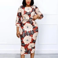 office dresses for women floral printed round neck high waisted mid calf elegant business work wear formal dress midi clothes ol