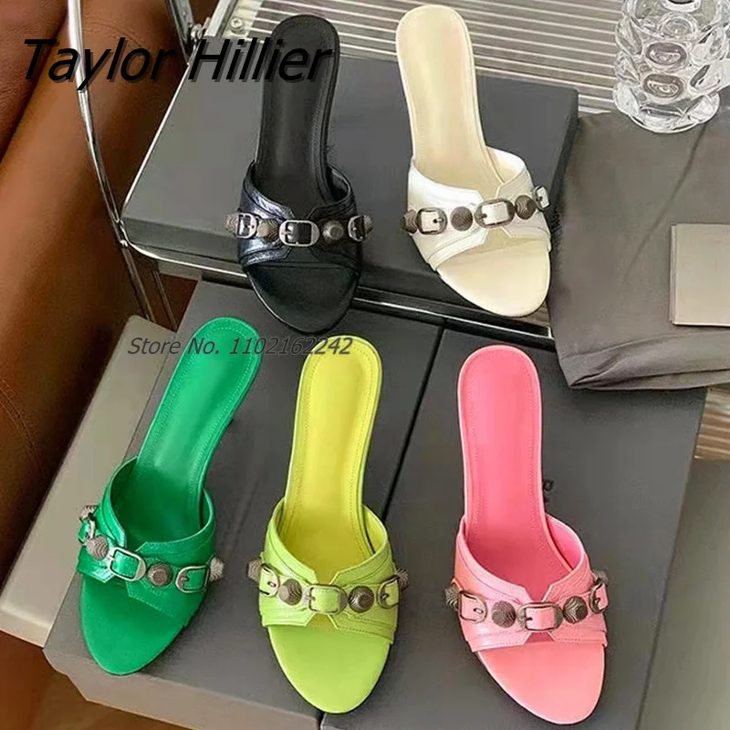 New Round Head Stiletto Open Toe Slippers Willow Nails Pin Buckle Back Empty Women'S Slippers Catwalk Metal Buckle Slippers