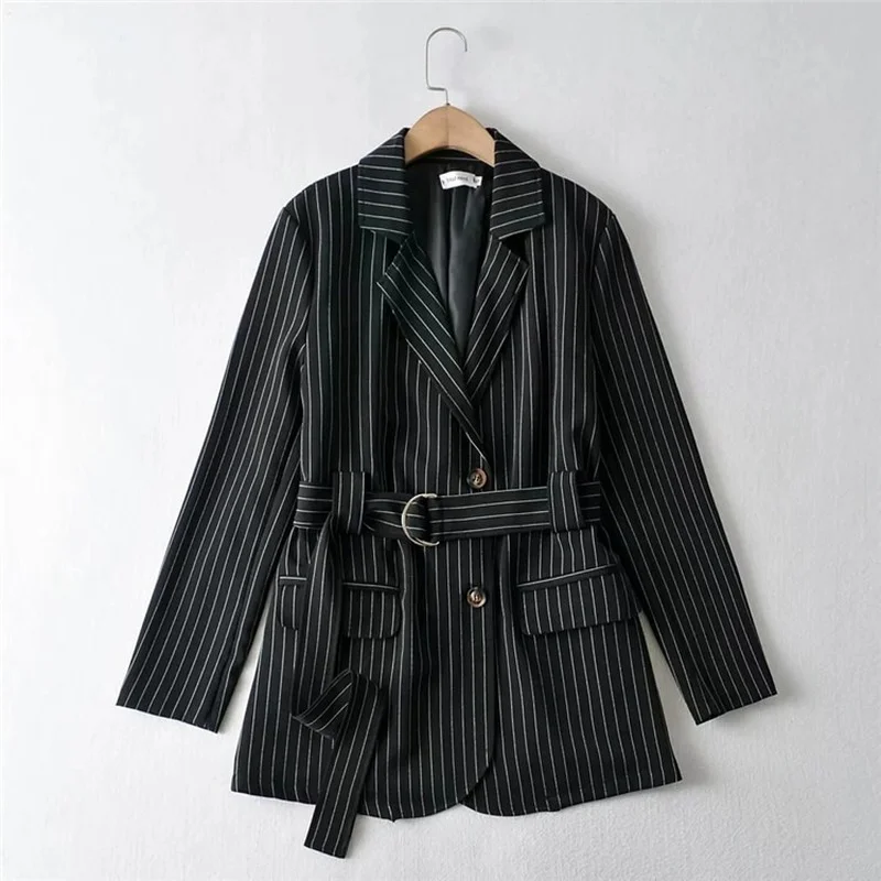 

2021 Short Striped Blazer with Free Belt Women Slim Chic Casual Office Blazer Autumn New Fashion Sweet Commute Office Lady Suit