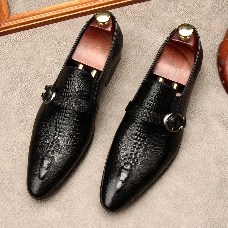 

Italian Double Buckle Dress Shoes For Men Genuine Leather Slip On Autumn Oxford Shoes Pointed Toe Black Formal Designer Loafers