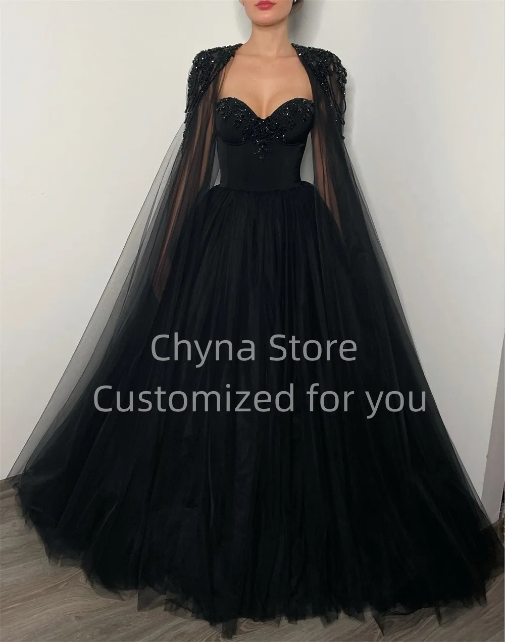 

2023 Beading Cape sleeve Prom Gown Sexy A-line Gauze Prom Dress Corset Lace Embroidery Sweetheart Gothic Black Vestido De Novia