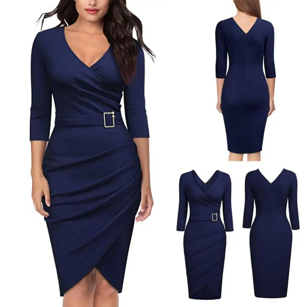 

Hot Solid Color Women V Neck 3/4 Sleeve High Waist Belted Irregular Pencil Dress