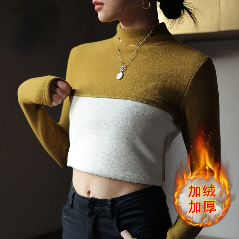 

Plus Velvet Thickened Half Turtleneck Bottoming Shirt Women's Cold-proof and Warm All-in-one Velvet with White German Velvet
