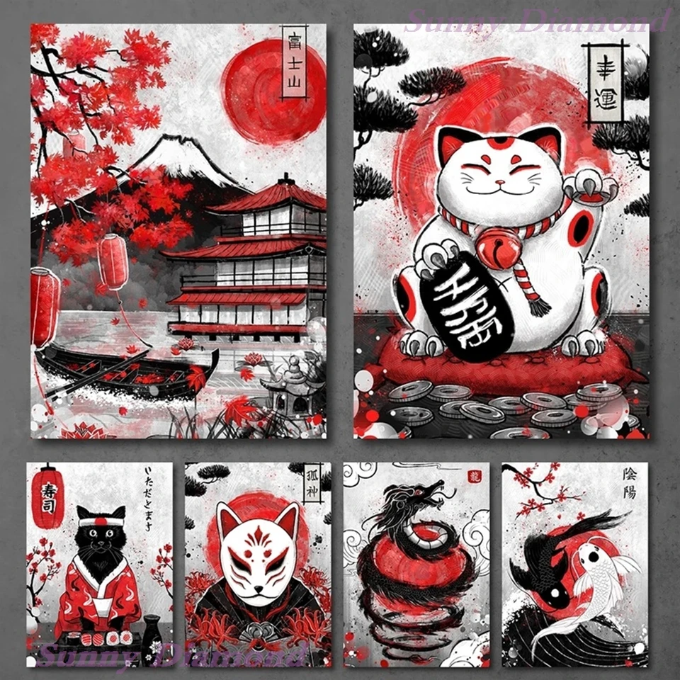

Japanese Samurai 5D Diamond Painting Geisha Animal Koi Fish Sushi Cat Diy Full Drill Cross Stitch Kit Puzzle Art Home Decor Gift