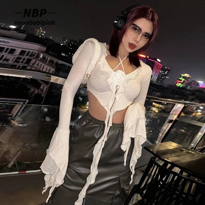 

NEONBABIPINK Y2k White Top Ruffle Fringe Flower Applique Flared Long Sleeve T Shirt 2023 Fashion Women Trending Clothing N69DC23