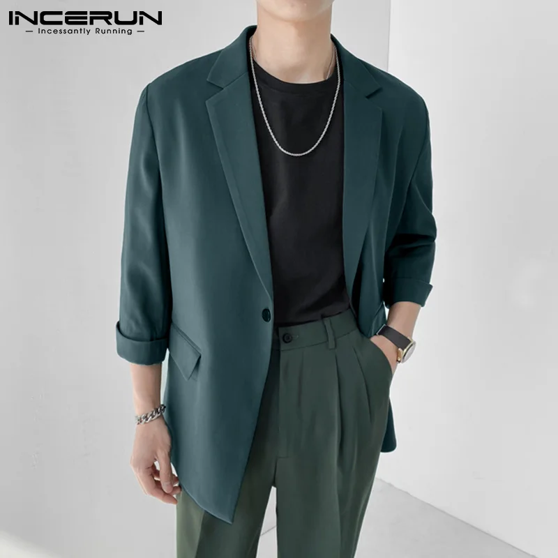 

2023 Fashion Men Blazer Solid Color Lapel 3/4 Sleeve One Button Leisure Suits Men Streetwear Casual Thin Jackets S-5XL