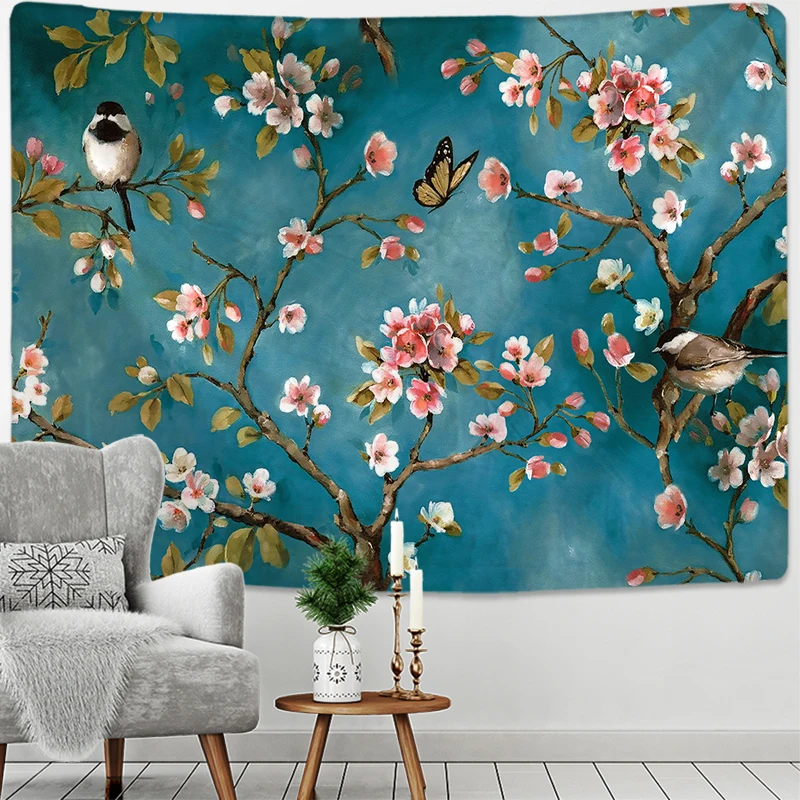 

декор комнаты Богемный гобелен в стиле хиппи, украшение на стену с цветами диких цветов, птицами, пейзаж, для дома, гостиной