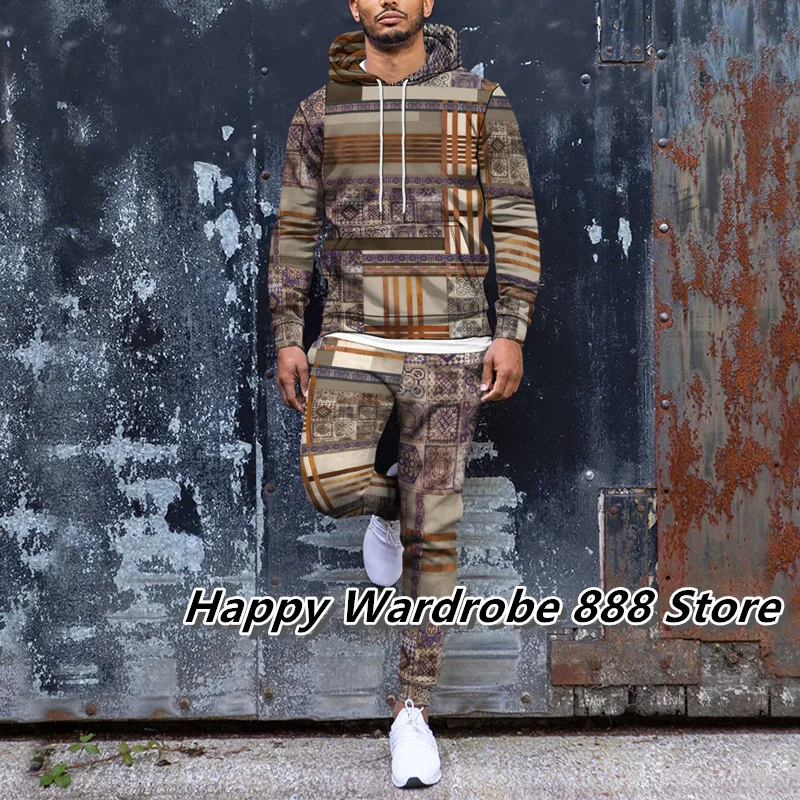 Mens Fleece Hoodies and Trousers 2 Piece Set Stripe Patchwork  Sweatshirts Sweatsuit Man Casual Tracksuits Autumn Clothes Outfit
