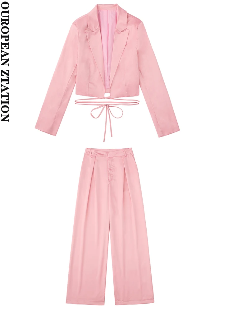 

PAILETE Women 2022 fashion front tied cropped satin blazer coat or high waist zipper fly trousers female two piece sets mujer