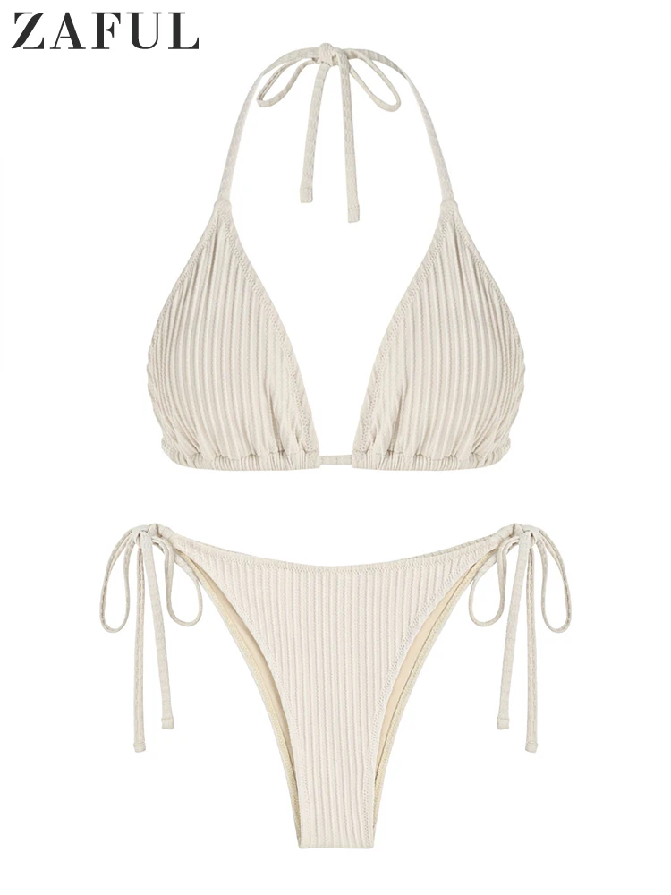 ZAFUL Women's Halter Textured Bikini Set Tie Side Cheeky String Swimwear Triangle Swimsuit High Leg Bathing Suit 2023 Beachwear