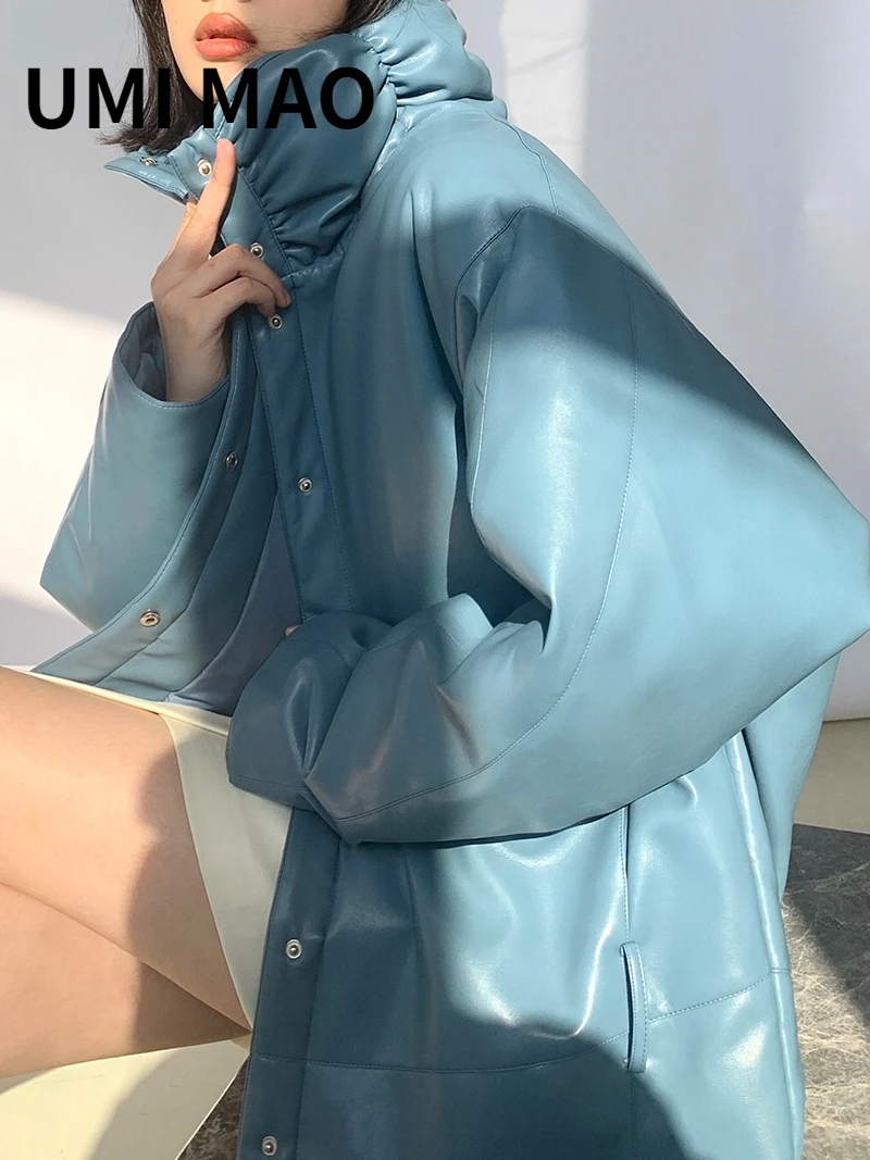 

Женская куртка на белом утином пуху UMI MAO 90, осенне-зимнее теплое кожаное пальто средней длины со стоячим воротником и плиссированными ремешками на талии для женщин