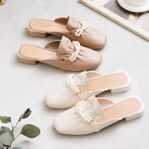 Square Heel Slippers Women Fashion Summer Closed Toe Pearl Slide Sandals Ladies Outside Soft Flip Flops Luxury Shoes