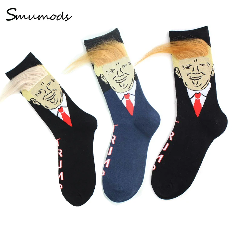 

Spoof Funny 2020 Election President Donald Trump Socks with 3D Fake Hair Crew Socks Streetwear Hip Hop Mens Compression Socks