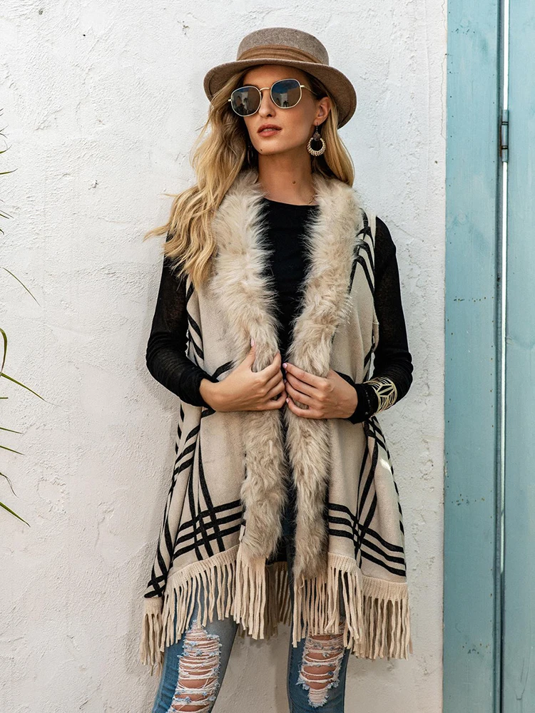 

Autumn Winter Fashion Women Knit Cardigan Loose Sweater Coats Shawls Wraps Fur Collar Outerwear Tassel Sleeveless Female Clothes