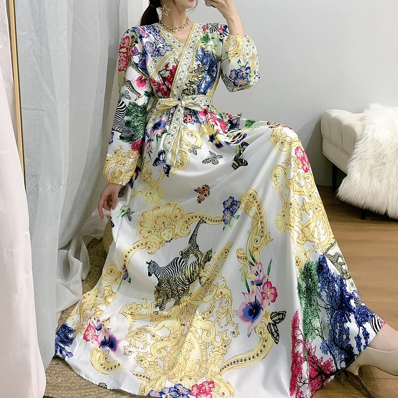 

Длинное платье с бабочками в арабском стиле, весеннее шикарное длинное платье до щиколотки с V-образным вырезом и поясом