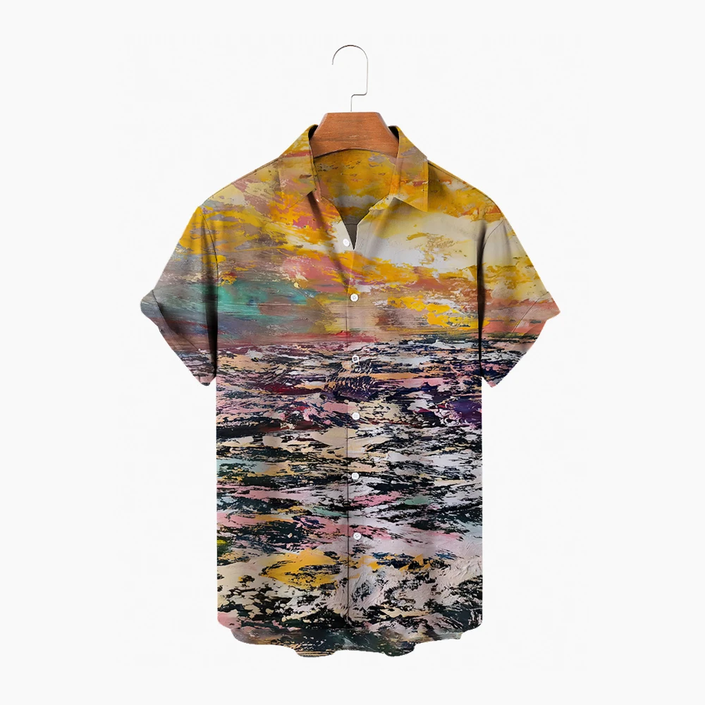 

2022 3D Oil Painting Short Sleeve Shirt Men One Button Oversized Streetwear Hawaiian Beach Shirt Men
