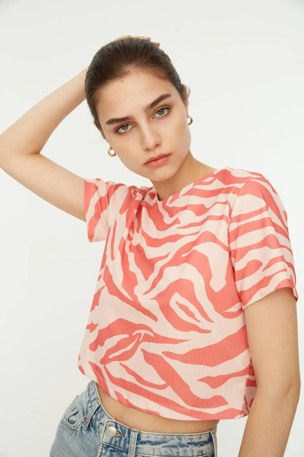 

Women's Summer Crop Top Blouse Salmon Printed Corduroy Crop Knitted Blouse hot girl top boots