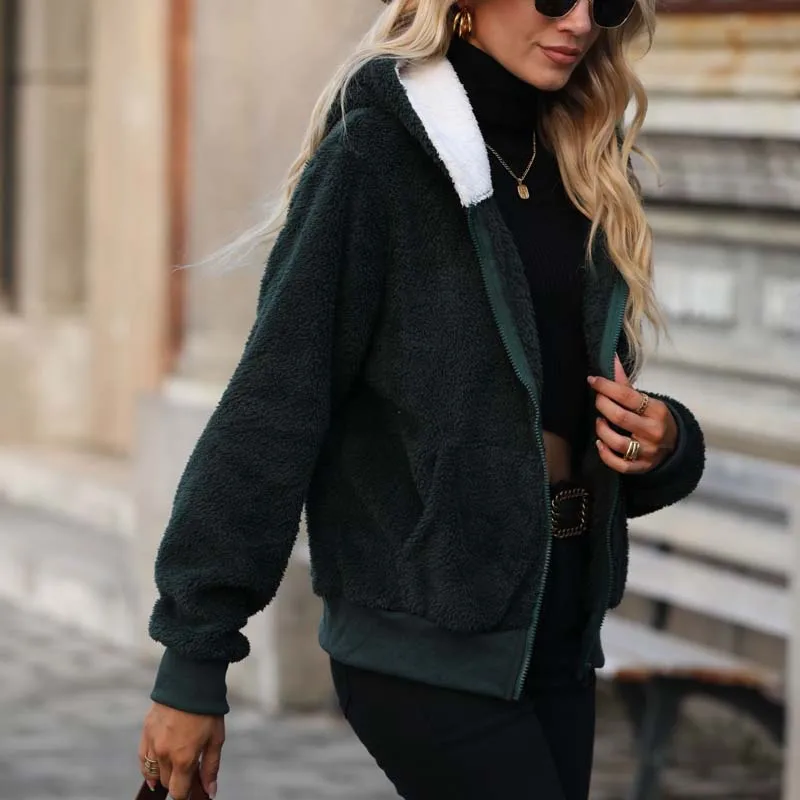 Fleece Jacket For Women Winter Plush Thicken Coat Parkas Zipper Fly Fashion Long Sleeve Ladies Christmas Outwear Coat With Hat