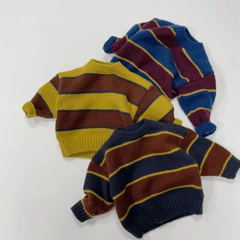 

Children Autumn New Knitted Sweater Baby Boys Girls Casual Pullover Toddler Vintage Striped Sweater Kid Winter Warm Clothes