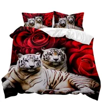 Tiger Duvet Cover Set Red Rose Flower Comforter Cover Boys African Safari Wild Animals Big Cat Queen King Polyester Qulit Cover