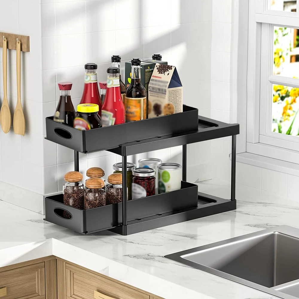 

Under Sink Kitchen Storage Rack Organizer Multipurpose Hook Holder Rack Bathroom Sliding Drawer Sundries Storage Telescopic