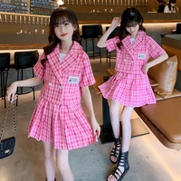 teenage girls plaid clothing sets 2022 summer korean short sleeve blazermini skirt pink 2pcs outfits for kids 8 9 10 11 12 13y