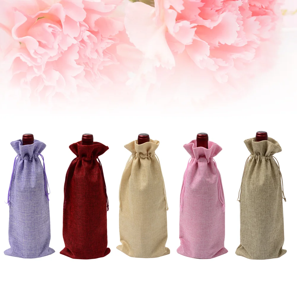 

5 Pcs Burlap Bottle Bags with Drawstring Reusable Totes Bottle Wrap Gift Pouches