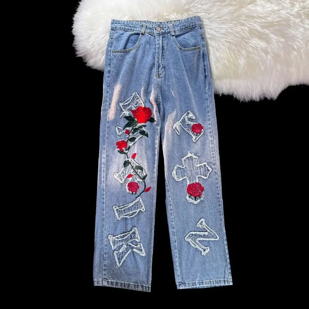 West Coast American Style Baggy Jeans Men Street Pants High Street Ins Fashion Embroiderfed Jean Straight Loose Oversize Denim