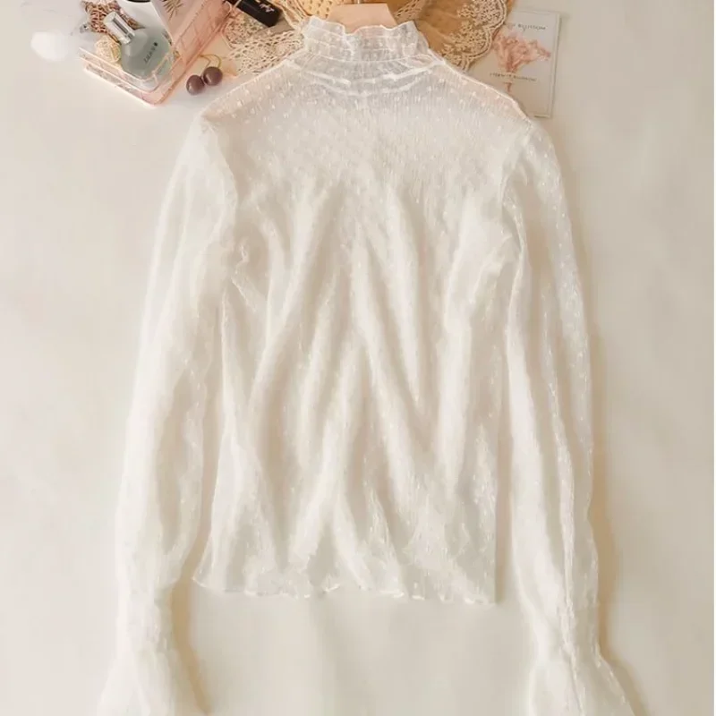 Женская сетчатая блузка с высоким воротником летние тонкие прозрачные кружевные
