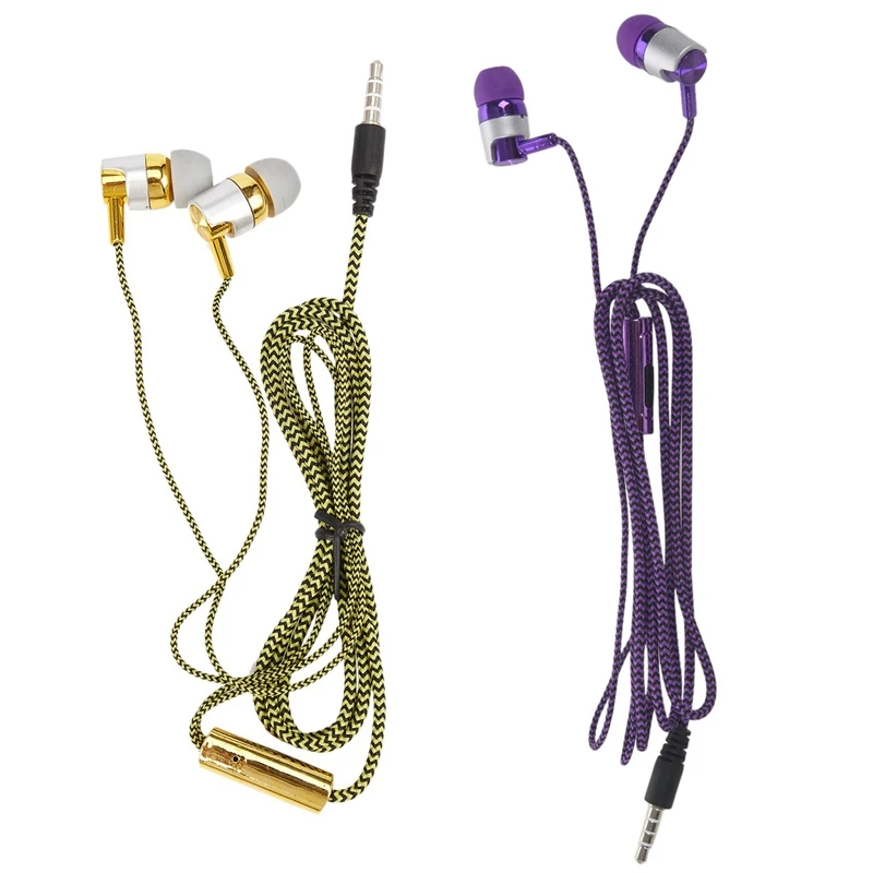 

2 шт., 3,5 мм, MP3 MP4 проводка, сабвуфер, плетеный шнур, универсальные музыкальные наушники (золотистые и фиолетовые)
