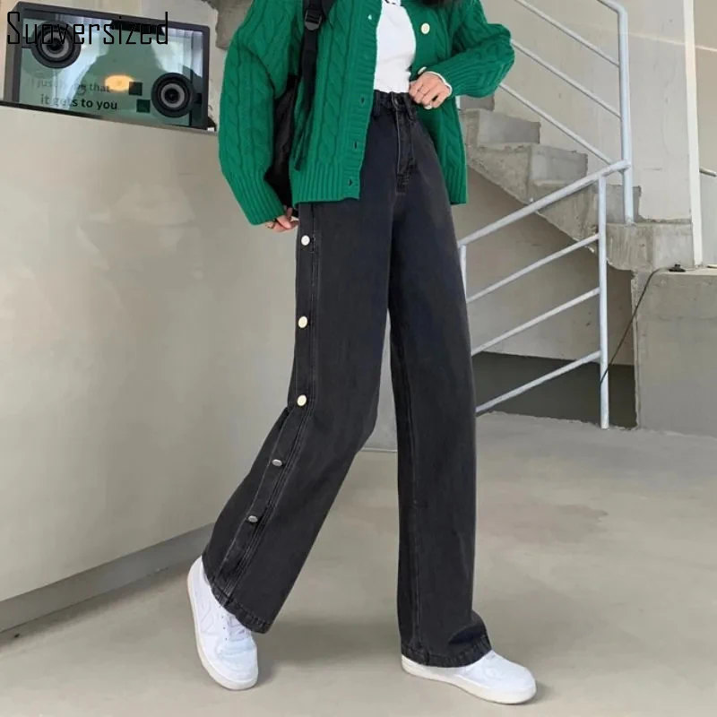 

Джинсы женские с широкими штанинами, повседневные Прямые винтажные брюки-оверсайз из денима, на пуговицах, с завышенной талией, в ковбойско...