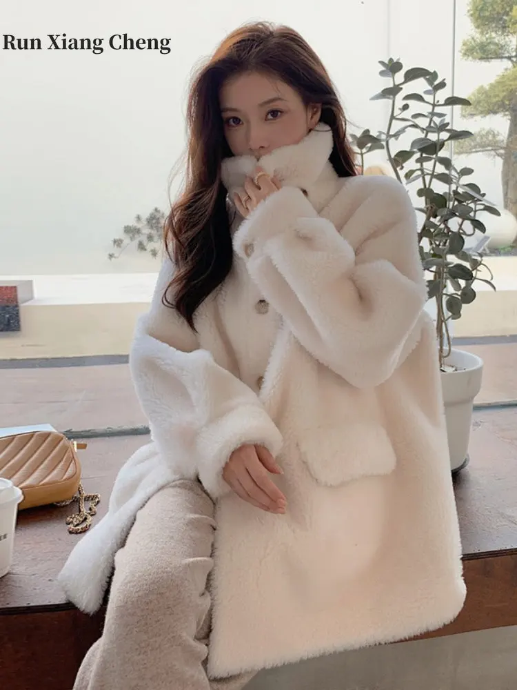 Women's Winter Lambhair Jacket 2023 New Fur Plush Coat Elegant Women's Lamb Fur Luxury Designer Mid-length Stand Up Collar Thick