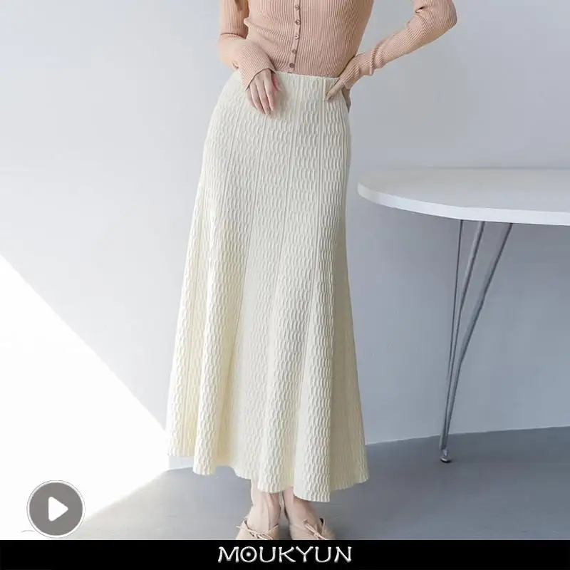 

MOUKYUN Autumn Women Slim Knitted Skirt Ladies Elegant A-Line Long Maxi Skirts Korean Fashion Casual Midi Skirts Faldas