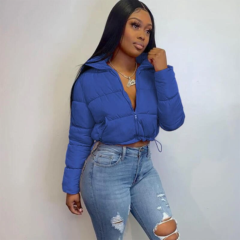 Women Winter Cropped Puffer Jacket Long Sleeve Zip Up Quilted Short Bubble Coat Drawstring Hem Casual Slim Parkas Outwear with