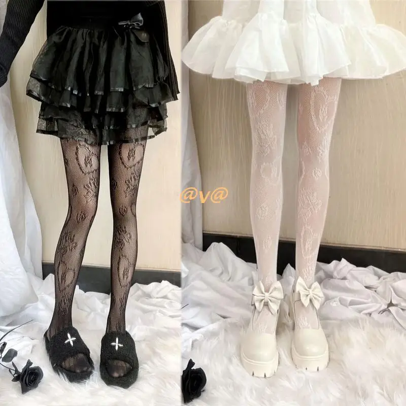 

Women Japanese Royal Style Fishnet Pantyhose Elegant Rose Flower Bud Heart Jacquard Patterned Tattoo Tights Lolita Cosplay Sheer