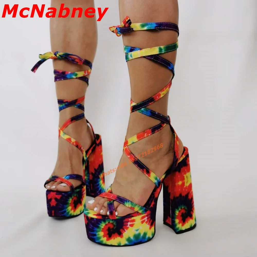 Купи Sexy Printed Lace Up Sandals Open Toe Platform Chunky High Heel Hollow Women Shoes Straps Mixed Colors Summer Banquet Runway New за 4,226 рублей в магазине AliExpress