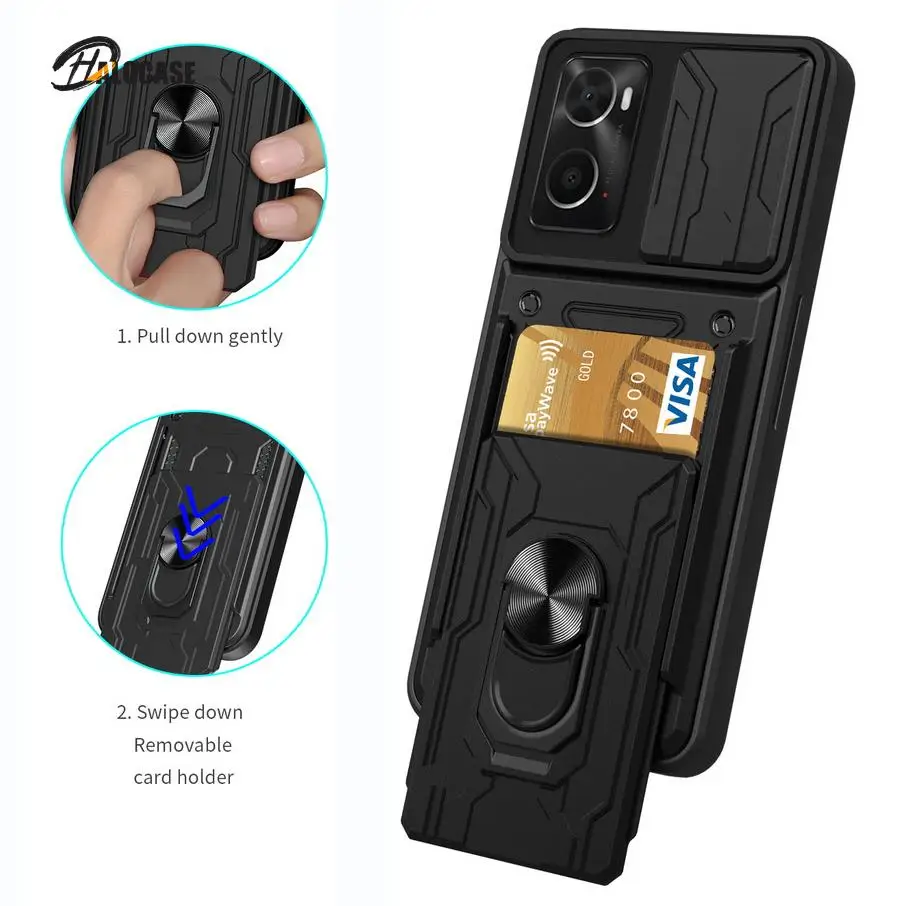 

Card slot Camera protect case for OPPO A36 A76 2022 A94 A53 A73 A72 A74 A54 A16 F19 Pro A9 2020 A5 Armor Hybrid Ring Back Cover