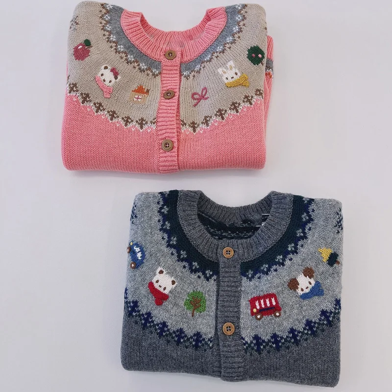 

Распродажа 2022, осенние свитера для девочек FM, шерстяной вязаный кардиган с длинным рукавом и мультяшным принтом, свитер, детские костюмы, свитер для маленьких мальчиков